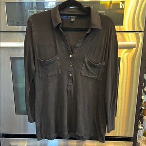 Ann Taylor Gray Button Down Polo Top 3/4 Sleeve‎